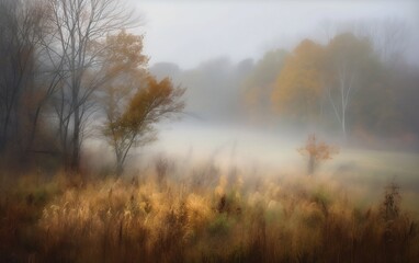 Fototapeta na wymiar Morning mist in the forest. Generative AI technology.