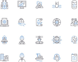Fototapeta na wymiar Industry technology outline icons collection. Industry, Technology, Manufacturing, Automation, Robotics, AI, Machine Learning vector and illustration concept set. 3D Printing, IoT, Augmented Reality