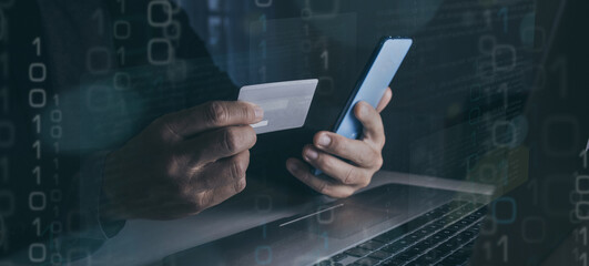 Man using application on smartphone, shopping and payment online. New tech banking service concept