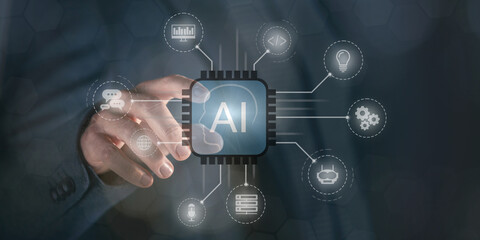 Man touch AI icon on virtual screen. Artificial intelligence new application, futuristic concept.