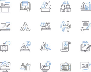 Working meeting outline icons collection. Meeting, Working, Business, Conference, Plan, Discuss, Task vector and illustration concept set. Discussing, Team, Strategy linear signs