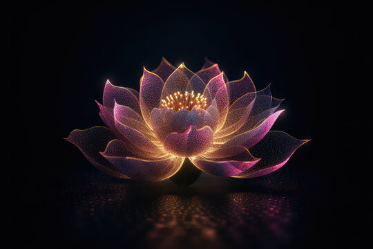 Glowing lotus on black background, generative AI