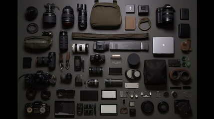 Fototapeta na wymiar Expedition kit for a war photographer. preparation for departure, ai generative