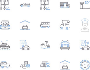 Vehicles outline icons collection. Cars, Trucks, Buses, Motors, Boats, Motorbikes, Scooters vector and illustration concept set. Vans, Lorries, Trailers linear signs