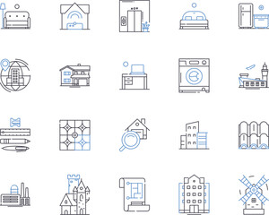 Accomodation services outline icons collection. Lodging, Housing, Residency, Accommodations, Suite, Rentals, Suites vector and illustration concept set. Stay, Inn, Hostels linear signs