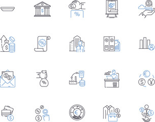 Finance services outline icons collection. Banking, Investing, Insurance, Funds, Credit, Loans, Accounting vector and illustration concept set. Brokerage, Taxation, Budgeting linear signs