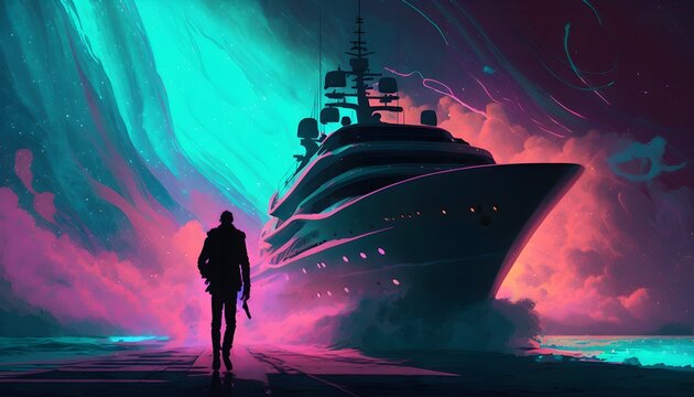 Silhoutte of man entering another world on his superyacht cyberpunk surrounded by swirls of light on a superyacht turqouise Gulf of Mexico pink light surrounded by a pulsating otherworldly vortex of 