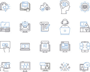 Media corporation outline icons collection. Media, Corporation, Publishing, News, Print, Digital, Network vector and illustration concept set. Broadcast, Content, Video linear signs