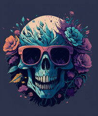skull with glasses and flowers, create with generative Ai