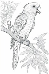 Parrot perched on a tree branch, line art for coloring book, crisp lines, white background, AI generative