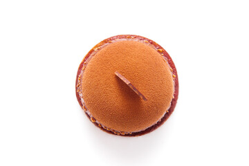 A beautiful brown round cake on white background