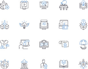 Marketing outline icons collection. Advertising, Promotion, Branding, Campaigns, Publicity, Consumers, Sales vector and illustration concept set. Social, Digital, Media linear signs