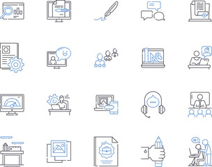 Remote business work outline icons collection. Remote, Business, Work, Telecommute, Digital, Flexible, Online vector and illustration concept set. Virtual, Running, Access linear signs