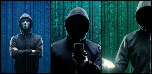Wanted Hacker is Coding Virus Ransomware Using Abstract Binary Code. Concept of Cyberattack, System Breaking and Malware. Abstract background.