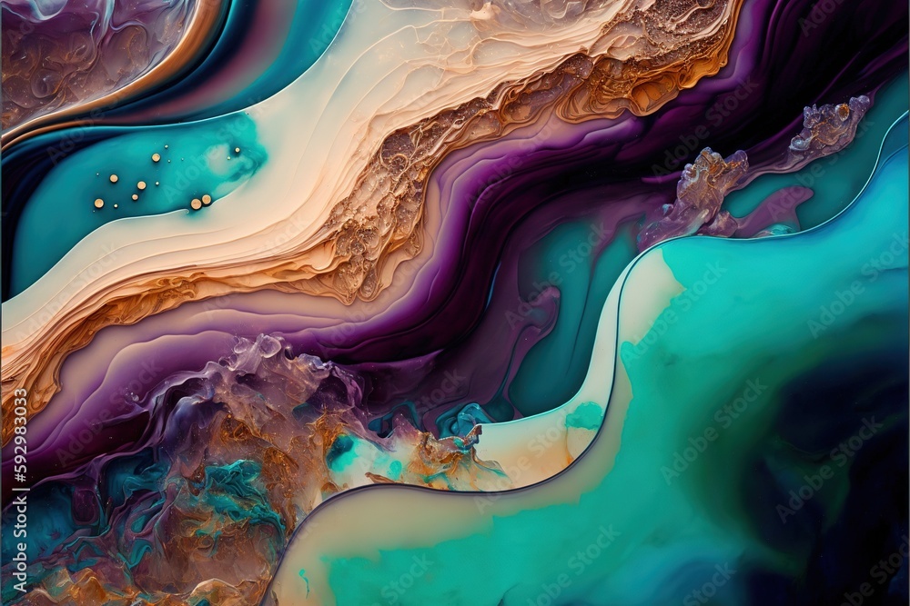 Wall mural vivid swirled alcohol ink or wavy fluid liquid with metallic texture churning together in beautiful 