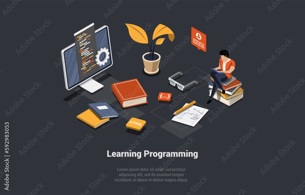 Poster concept of programming and coding learning. software coding, testing, debugging. frontend and backen