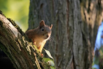 Naklejka na ściany i meble Brown squirrel perching on tree trunk