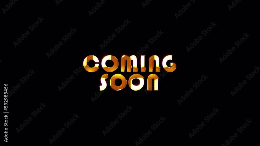 Poster coming soon text word gold light animation loop with glitch text effect. 4k 3d seamless looping comi