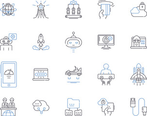 Naklejka premium Cybersecurity outline icons collection. Cybersecurity, hacking, malware, encryption, phishing, data, virus vector and illustration concept set. intrusion, firewall, cybercrime linear signs