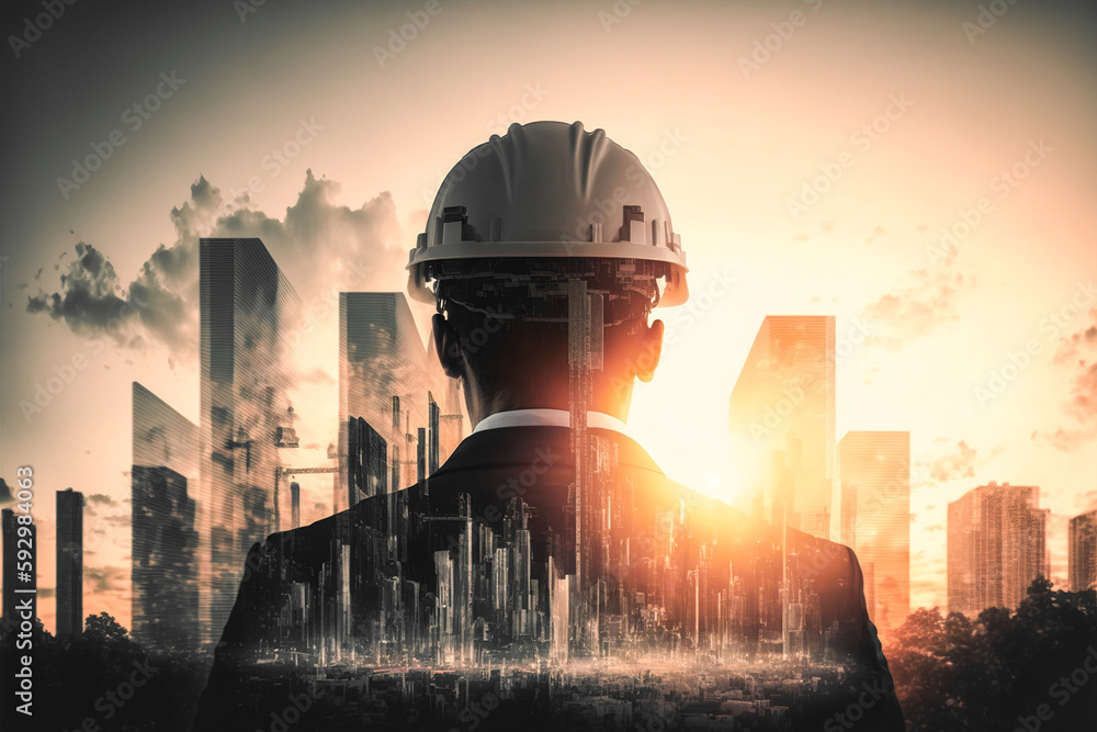 Poster civil engineer portrait as concept for building construct by professional with hardhat helmet engine