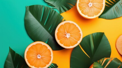 Generative ai of summer oranges and palm leaves background