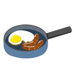 フライパンで目玉焼きとソーセージを焼くイラスト