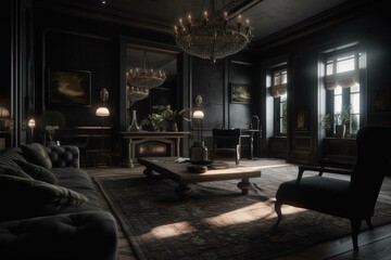 Dark living room interior, farmhouse style, 3d render. Generative AI