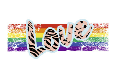 Fototapeta na wymiar Love. One word t-shirt design with animal print over rainbow. Vector illustration for gay pride day.