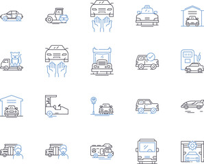 Car and transport outline icons collection. Car, Transport, Automobile, Motors, Driving, Tires, Wheels vector and illustration concept set. Gasoline, Roads, Traffic linear signs