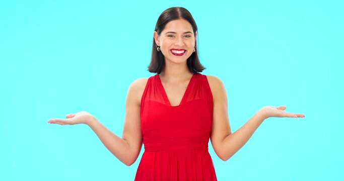 Decision, comparison and happy woman with studio choice, mock up option or palm product placement. Mockup portrait, advertising copy space and person balance discount deal isolated on blue background