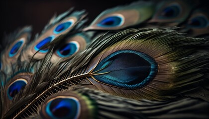 Fototapeta premium Peacock feathers background, generative ai