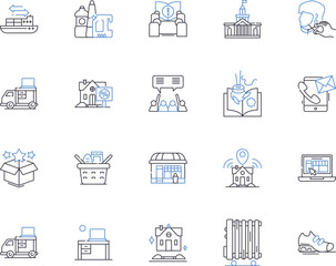 City and household outline icons collection. City, Household, Urban, Dwelling, Town, Home, Residence vector and illustration concept set. Abode, Domicile, Village linear signs