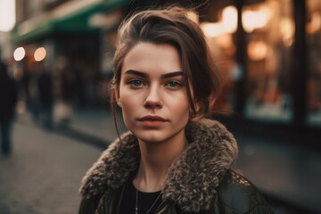 Fototapeta na wymiar This stunning portrait captures the beauty and confidence of a young woman against the backdrop of a bustling city street Generative AI