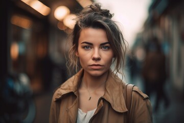 Obraz na płótnie Canvas This stunning portrait captures the beauty and confidence of a young woman against the backdrop of a bustling city street Generative AI