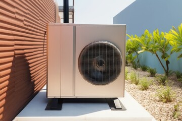 Backyard Heat Pump + Front Yard Solar Light. Photo generative AI