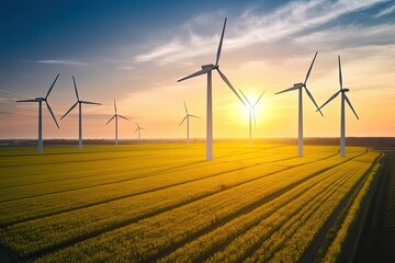 Renewable energy with Wind turbines in summer. Photo generative AI