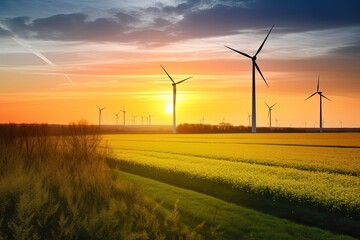 Obraz premium Renewable energy with Wind turbines in summer. Photo generative AI