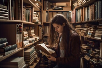 ..Woman organizing books in a large library.