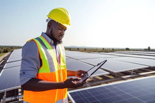 Professional technician on eco solar farm. Photo generative AI