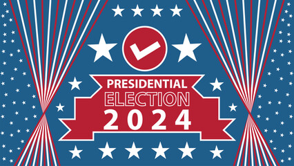 American elections 2024 horizontal banner design background with United States flag theme elements such as red and white stripes, stars and blue background and typography.