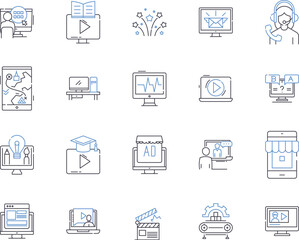 Media company outline icons collection. Media, Company, Broadcasting, Video, Production, Advertising, Television vector and illustration concept set. Press, Digital, Content linear signs