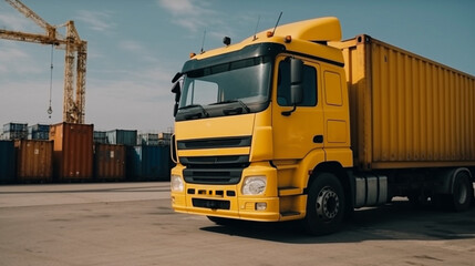 yellow truck, container, container ship, road transportation logistics cargo Generated AI