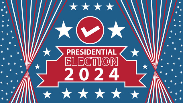 American elections 2024 horizontal banner design background with United States flag theme elements such as red and white stripes, stars and blue background and typography.