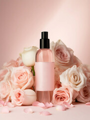 Obraz na płótnie Canvas Photograph of bottle, pink background, creating a serene and calming atmosphere, The poster features the product prominently, Generate Ai