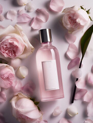 Photograph of bottle, pink background, creating a serene and calming atmosphere, The poster features the product prominently, Generate Ai