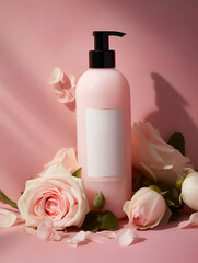 Photograph of bottle, pink background, creating a serene and calming atmosphere, The poster features the product prominently, Generate Ai