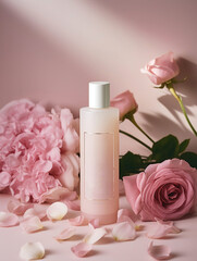 Photograph of bottle, pink background, creating a serene and calming atmosphere, The poster features the product prominently, Generate Ai