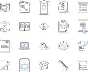 Office tools outline icons collection. Workplace, Software, Suite, Calendar, Document, Sharing, Collaboration vector and illustration concept set. Scheduling, Presentation, Spreadsheet linear signs
