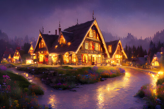 Fairy tale village with mysterious lights at night. Fantasy art illustration. Generative AI.