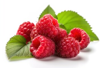 Red delicious raspberries with green leaves on a white isolated background. AI generation